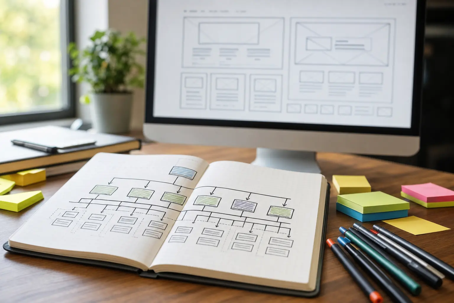Titelbild zum Artikel Website-Struktur planen: Warum gutes Webdesign nicht mit Farben beginnt: Notizbuch mit Sitemap-Skizze, bunte Stifte, Post-its, Computerbildschirm mit Wireframe