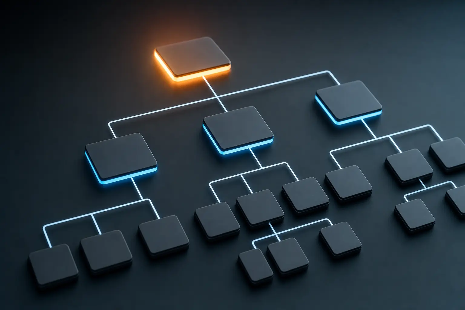 Titelbild zum Artikel Webdesign und SEO: Warum Sichtbarkeit schon beim Aufbau beginnt: abstrahierte Baumstruktur, leuchtende Verbindungslinien, geometrische Knotenpunkte, dunkler Hintergrund