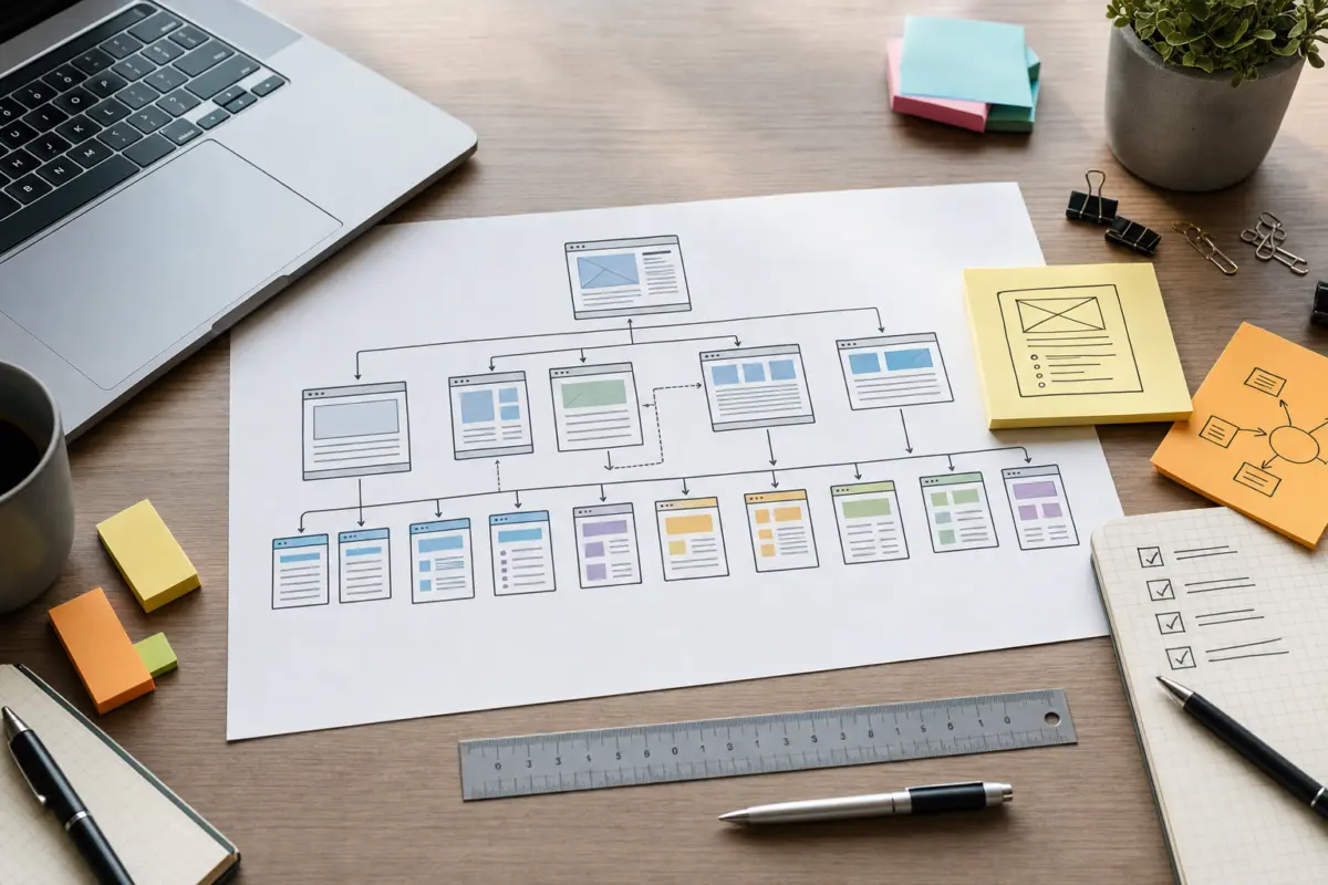 Illustration zum Artikel Webdesign und SEO: Warum Sichtbarkeit schon beim Aufbau beginnt, Abschnitt 3: Architekturplan Website, Notizzettel mit SEO-Notizen, Stifte, Lineal, Laptop-Rand, Büroklammern