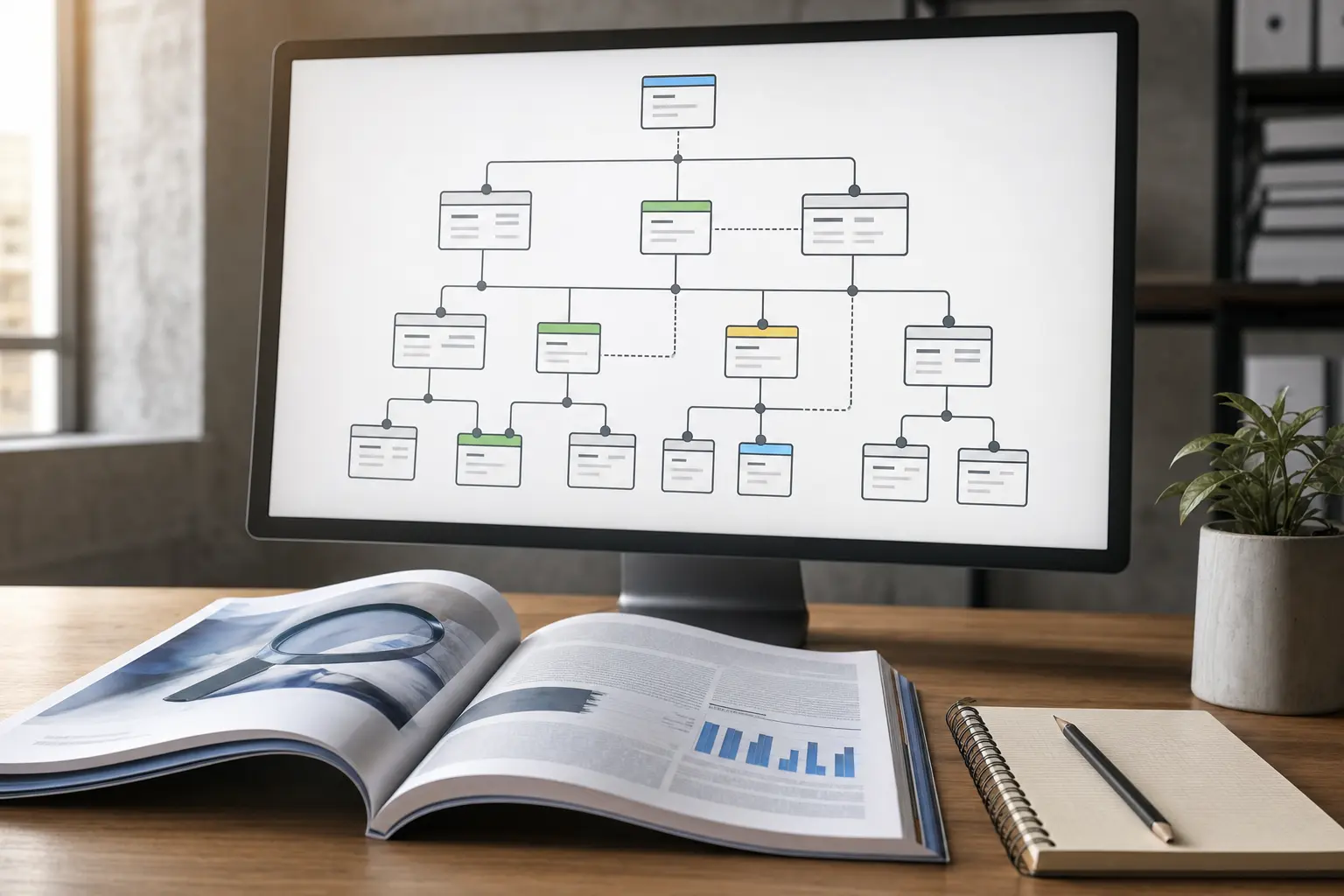 Titelbild zum Artikel Website Relaunch ohne Rankingverlust: Whiteboard oder Bildschirm mit Website-Strukturdiagramm, farblich markierte Knotenpunkte, Fachbuch oder Magazin über