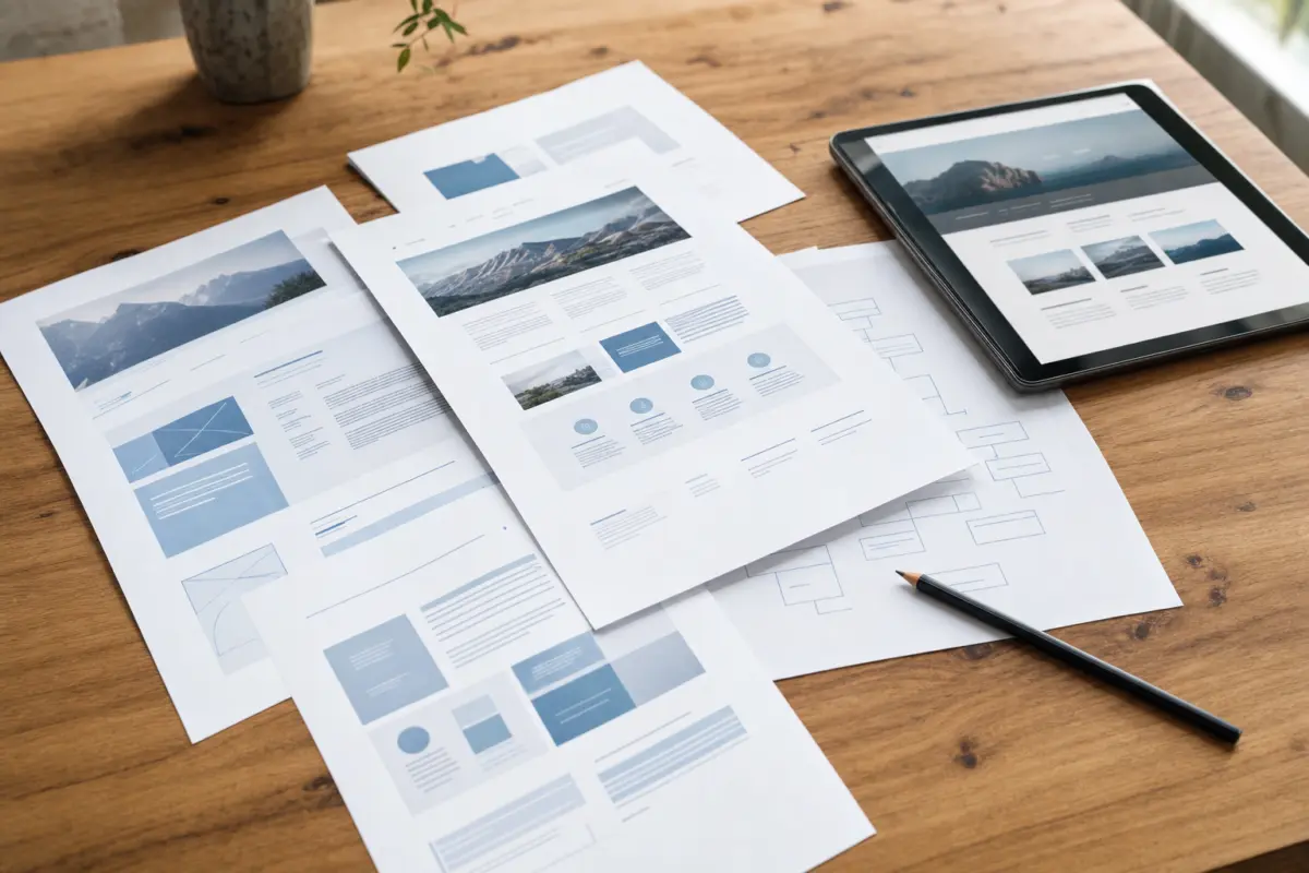 Illustration zum Artikel Website-Texte und Webdesign: Warum Inhalt und Gestaltung zusammengehören, Abschnitt 2: gedruckte Website-Layouts, Textentwürfe, Tablet mit Layout, Bleistift, Holztisch