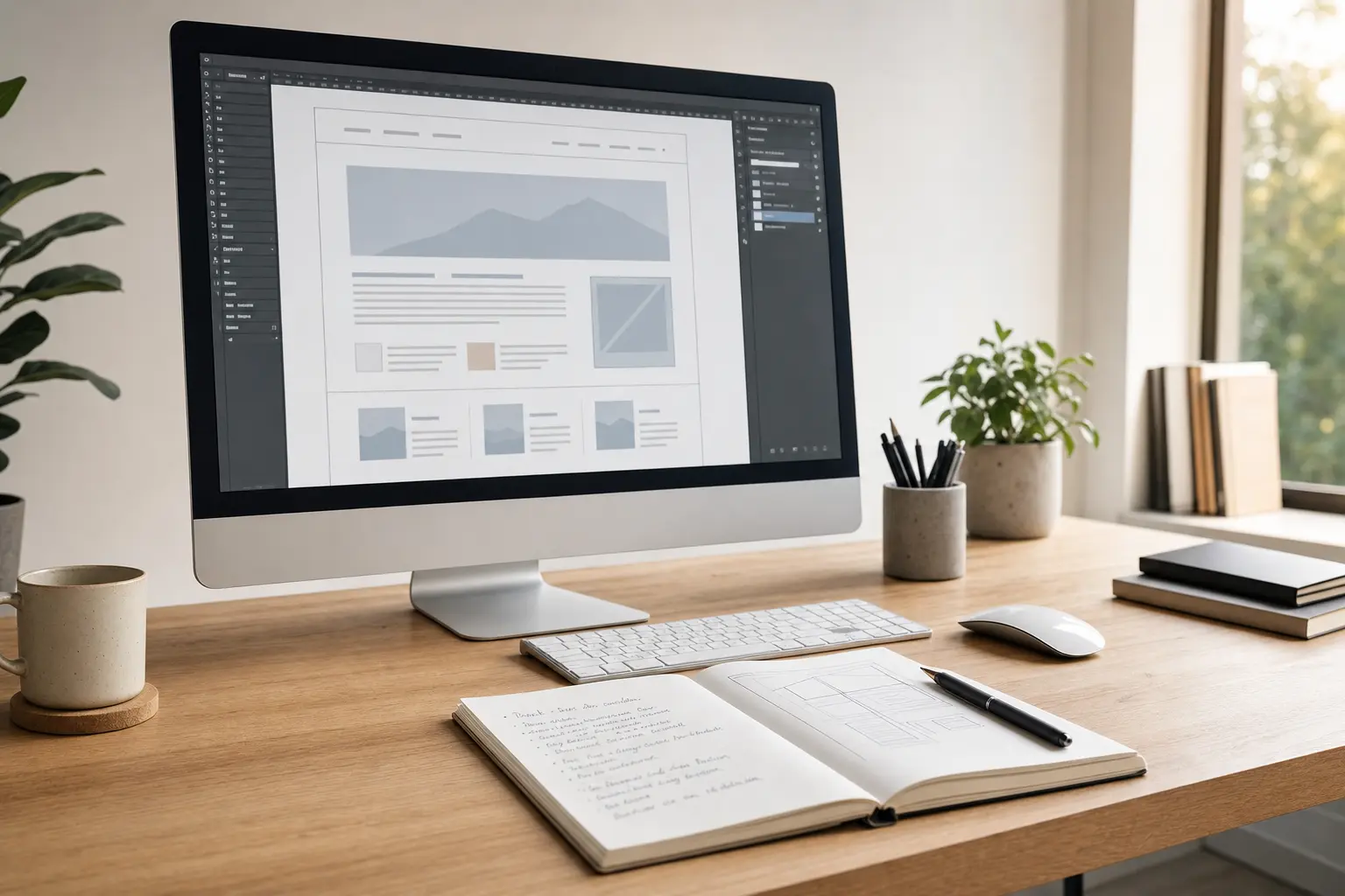 Titelbild zum Artikel Website-Texte und Webdesign: Warum Inhalt und Gestaltung zusammengehören: moderner großer Monitor, geöffneter Notizblock, Stift, klar strukturierte Website-Entwurfsseite, Holzschreibtisch