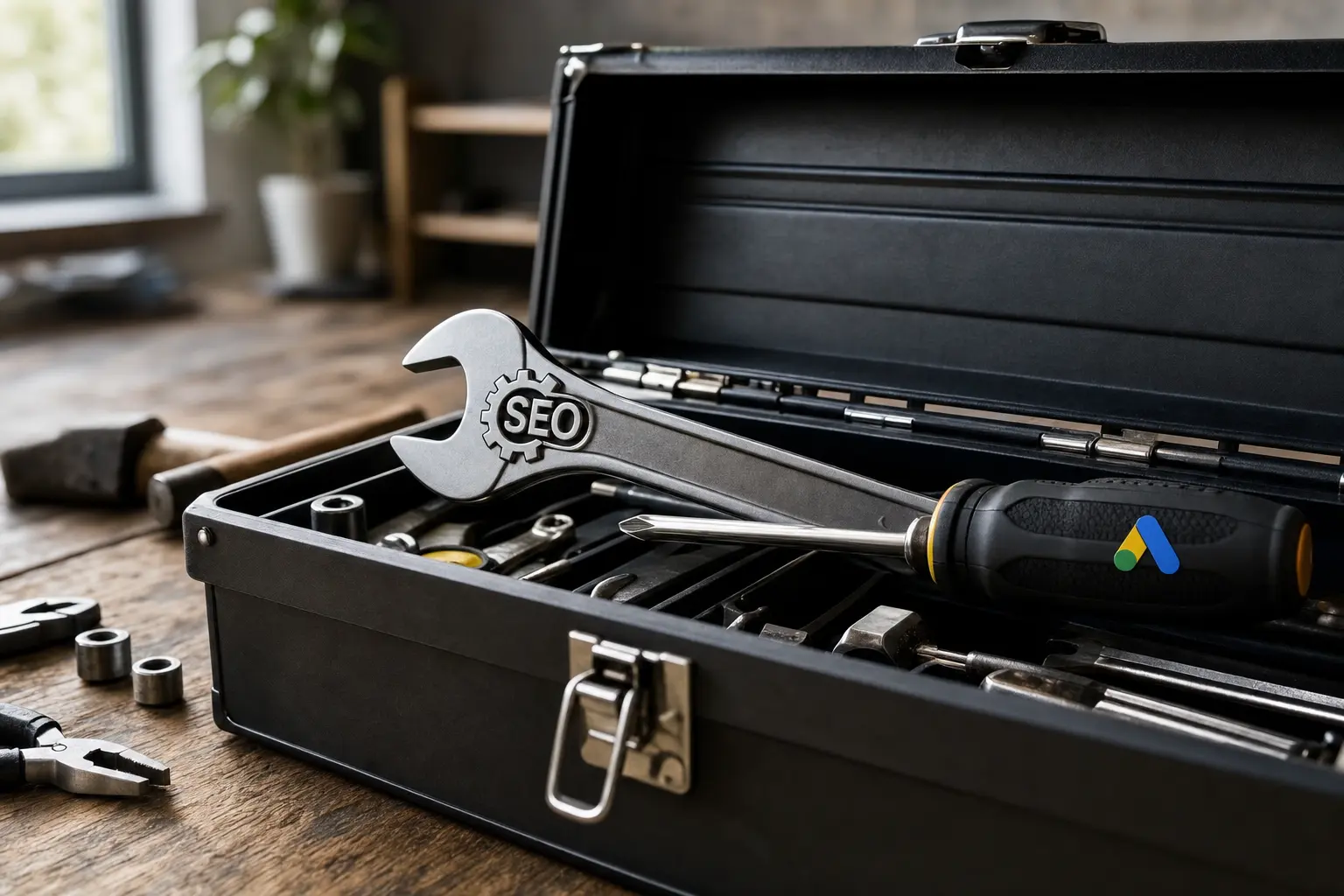 Titelbild zum Artikel SEO oder Google Ads: Was lohnt sich für Unternehmen mehr?: Werkzeugkasten, Schraubenschlüssel mit SEO-Symbol, Schraubenzieher mit Google Ads Symbol, Holztisch, unscharfer Hintergrund