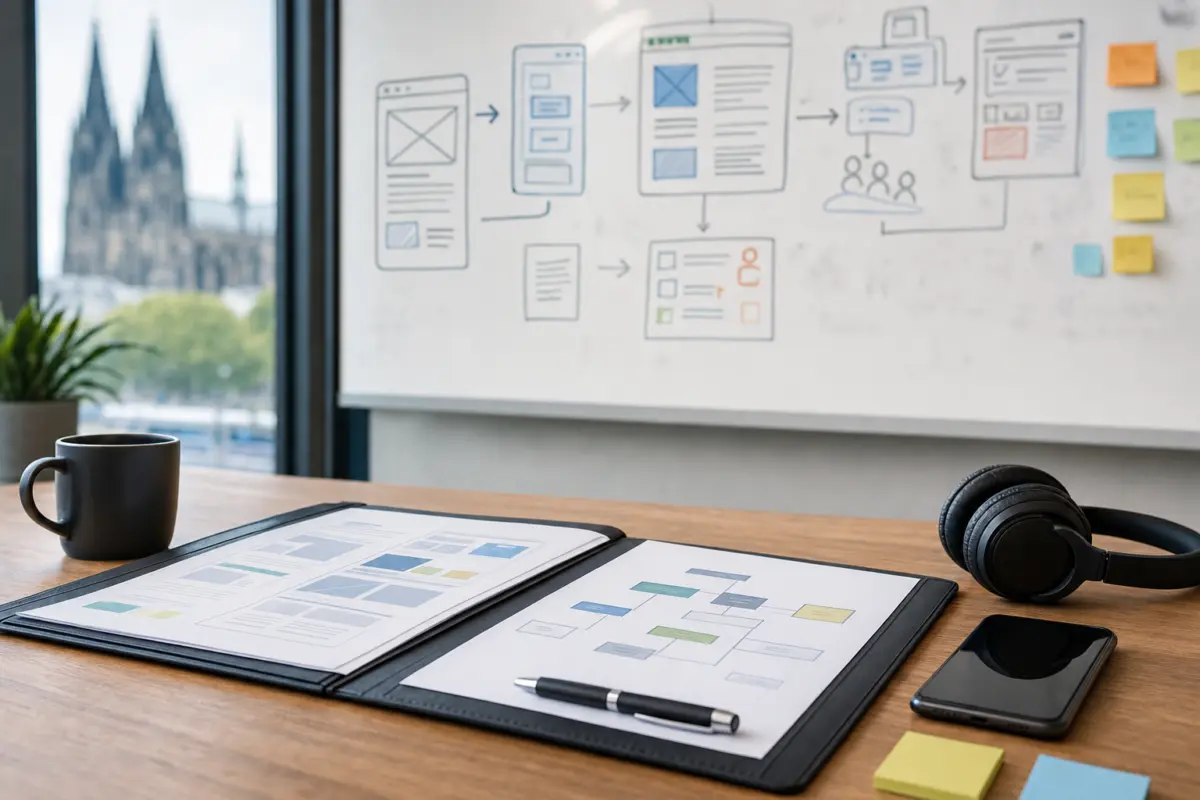 Illustration zum Artikel WordPress Agentur in Köln: Wann lokale Nähe wirklich hilft, Abschnitt 4: Mappe mit Papierprojektplan, Kaffeetasse, Smartphone, Kopfhörer, Whiteboard mit Skizzen