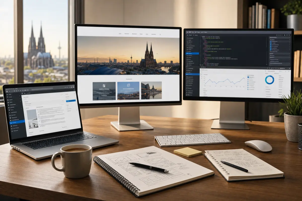 Illustration zum Artikel WordPress Agentur in Köln: Wann lokale Nähe wirklich hilft, Abschnitt 1: Bildschirme mit Webseitenvorschau, Notizblöcke, Stifte, Kaffeetasse, Tastatur, Maus