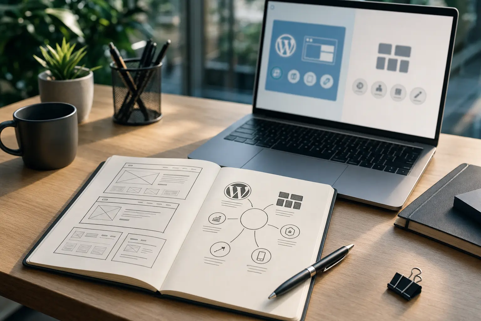 Titelbild zum Artikel WordPress oder Baukasten: Was ist besser für Unternehmenswebsites?: Notizbuch mit Website-Skizzen, moderner Laptop, Stift, minimalistische Schreibtischoberfläche, weiches Tageslicht