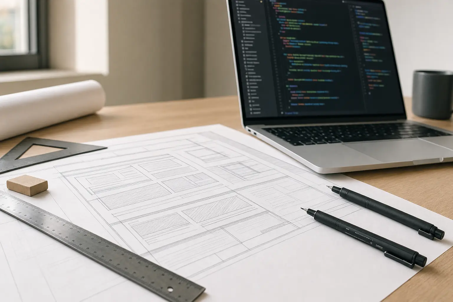 Titelbild zum Artikel WordPress-Case: Individuelle Umsetzung statt Standard-Theme: Architekturplan, Stifte, Lineal, Laptop mit Code-Editor