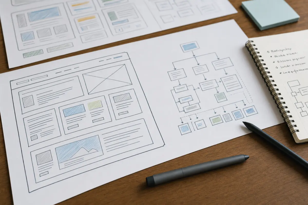 Illustration zum Artikel WordPress-Case: Individuelle Umsetzung statt Standard-Theme, Abschnitt 1: Layout-Skizzen, Wireframes, technisches Diagramm, Notizblock, Stift, Schreibtischoberfläche
