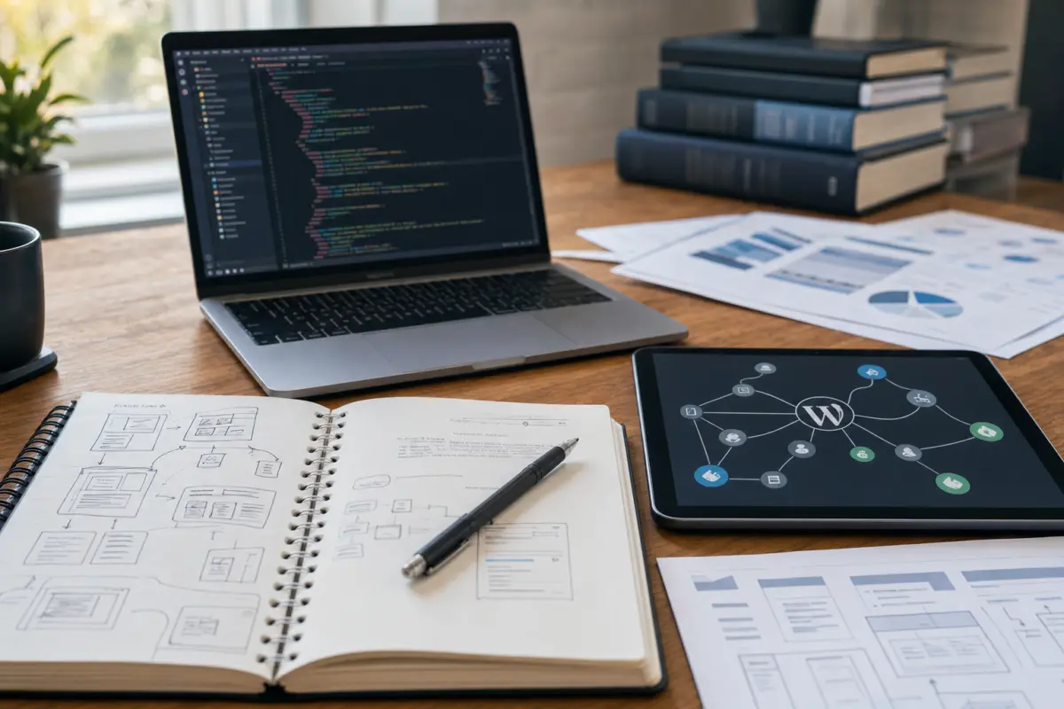 Illustration zum Artikel WordPress Agentur in Köln: Wann lokale Nähe wirklich hilft, Abschnitt 2: Notizblock mit Skizzen, Laptop mit Code-Editor, Tablet mit Plugin-Diagramm, Fachbücher Webentwicklung, Stift