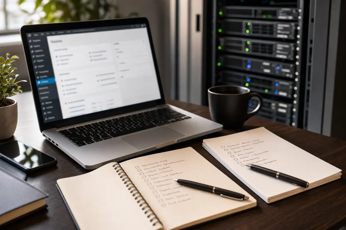 Illustration zum Artikel Warum ist meine WordPress-Website langsam?, Abschnitt 1: Laptop, handschriftliche Notizen, Kugelschreiber, Serverrack, Kaffeetasse