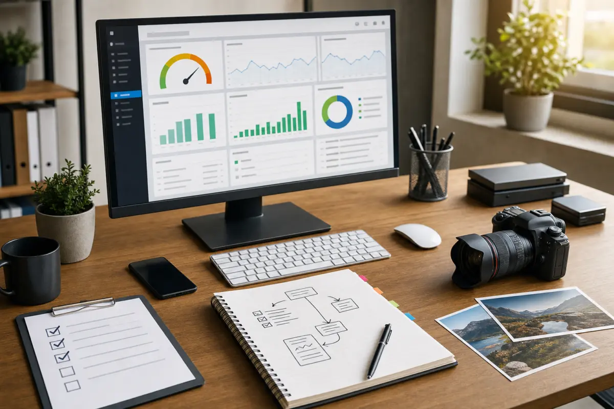 Illustration zum Artikel Warum ist meine WordPress-Website langsam?, Abschnitt 4: Desktop-Monitor mit Performance Dashboard, gedruckte Checkliste, digitale Kamera für Bildoptimierung, Notizblock mit