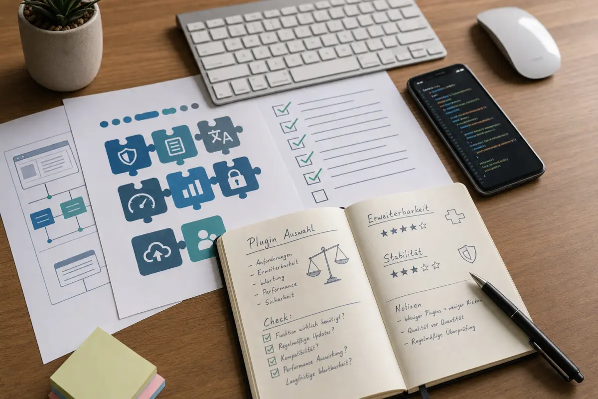 Illustration zum Artikel Webdesign mit WordPress: Vorteile, Grenzen und typische Fehler, Abschnitt 1: gedruckte Papiere mit Plugin-Symbolen, Checkliste, Tastatur, Maus, Smartphone mit Code, Notizbuch mit