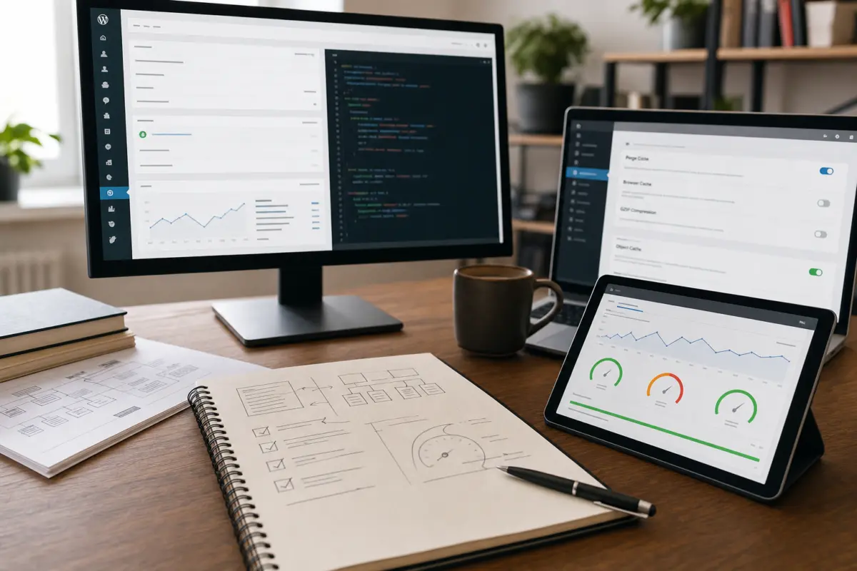 Illustration zum Artikel Warum ist meine WordPress-Website langsam?, Abschnitt 3: Computer Monitor mit WordPress Dashboard, Notizbuch, Kugelschreiber, Tablet mit Diagramm Core Web