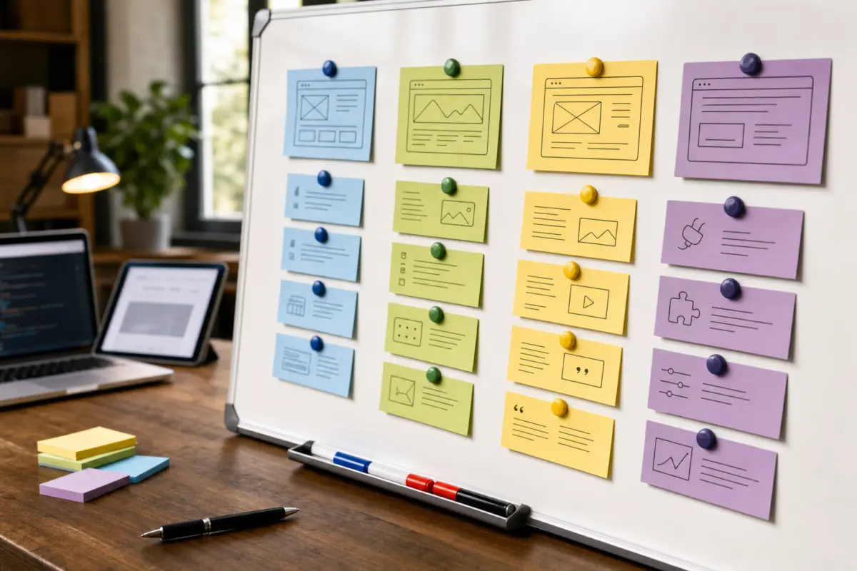 Illustration zum Artikel WordPress-Case: Individuelle Umsetzung statt Standard-Theme, Abschnitt 3: Whiteboard, Karten mit Kategorien Design Funktion Inhalt Erweiterungen, Stifte, Kugelschreiber, Laptop, Tablet