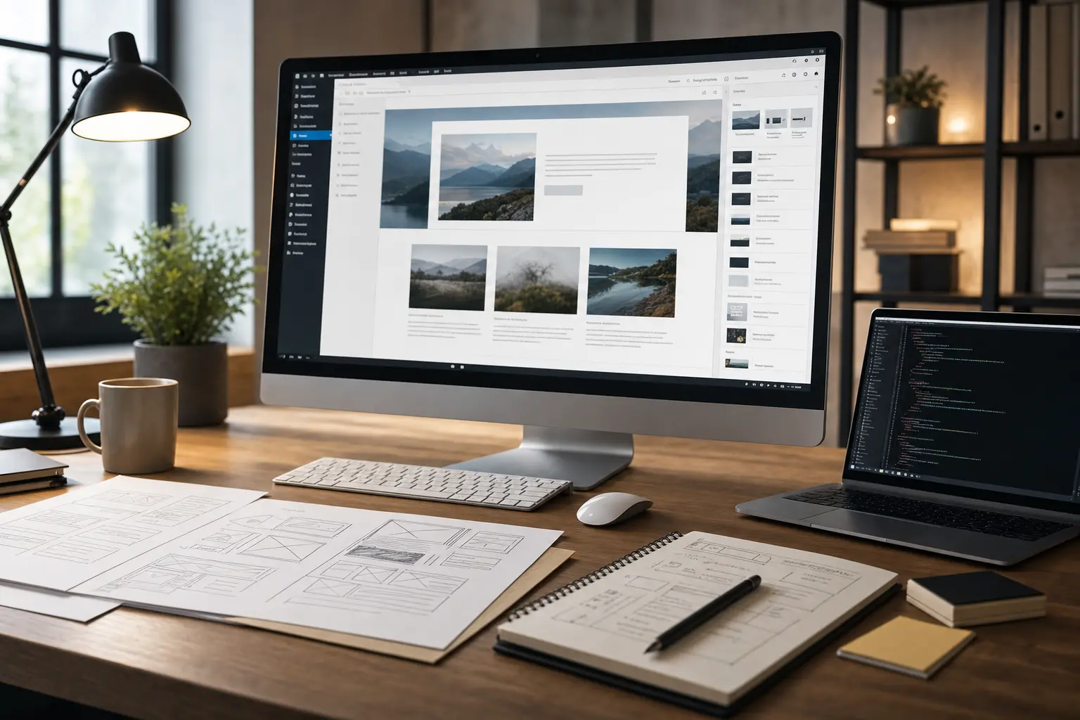 Titelbild zum Artikel Webdesign mit WordPress: Vorteile, Grenzen und typische Fehler: großer Monitor,Laptop,Notizblock,Kugelschreiber,Skizzen zu Website-Strukturen,Tischlampe