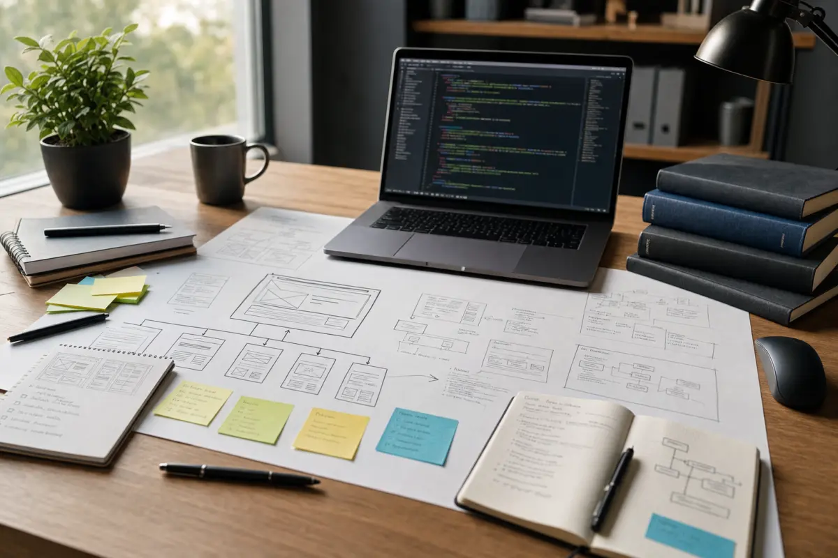 Illustration zum Artikel Webdesign mit WordPress: Vorteile, Grenzen und typische Fehler, Abschnitt 3: Laptop mit Code-Editor, handschriftliche Notizen, Skizzen Website-Architektur, technische Fachbücher, Stift, Notizblock, Maus