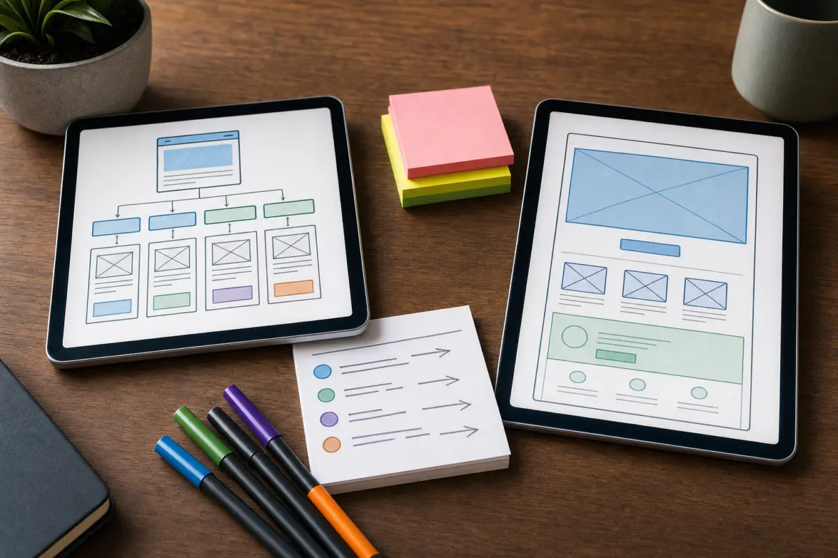 Illustration zum Artikel Landingpage oder Website: Was braucht Ihr Unternehmen wirklich?, Abschnitt 3: zwei Tablets, Notizzettel, farbige Marker, Holzschreibtisch