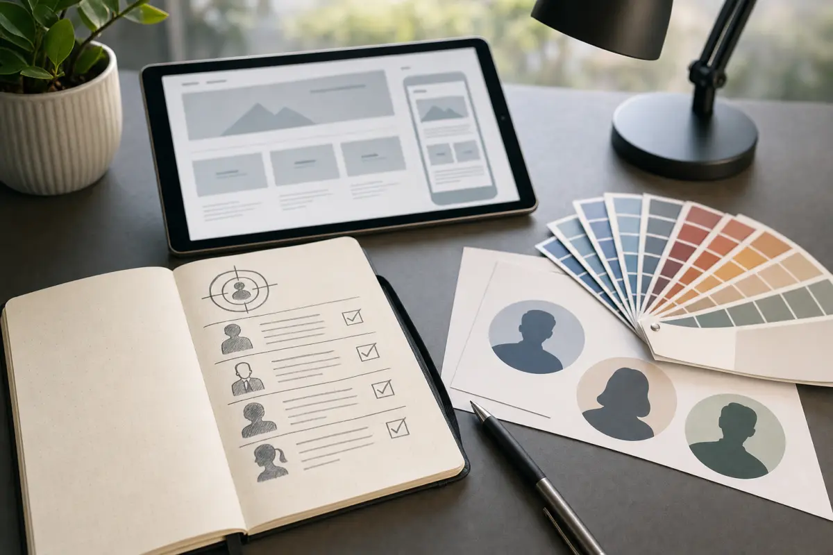 Illustration zum Artikel Homepage erstellen lassen: Worauf Unternehmen achten sollten, Abschnitt 1: Notizbuch mit Zielgruppen-Checkliste, Farbfächer, Zielgruppensilhouetten auf Papier, Tablet mit Website-Wireframe, Kugelschreiber, Schreibtischlampe