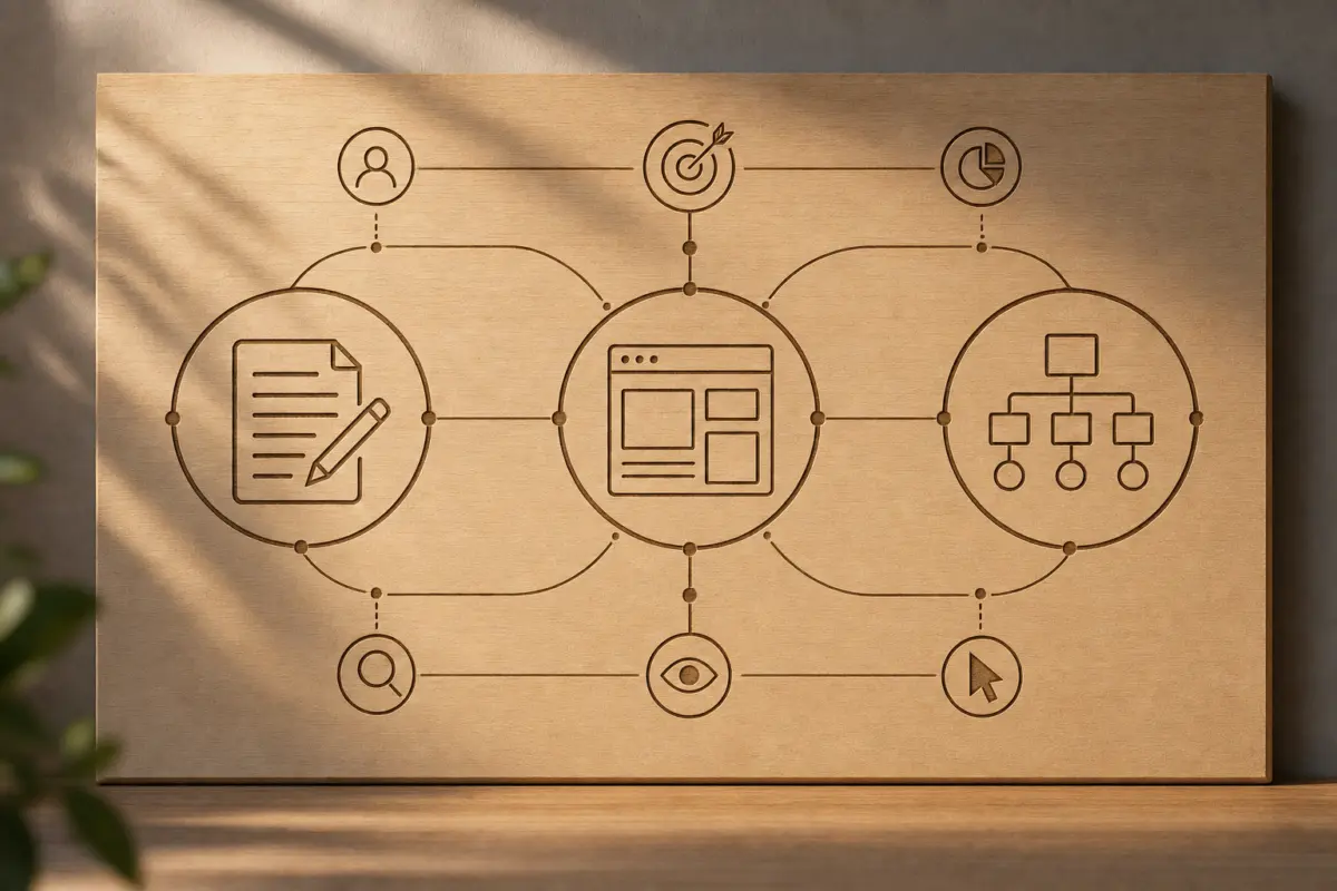 Illustration zum Artikel Website-Texte und Webdesign: Warum Inhalt und Gestaltung zusammengehören, Abschnitt 3: Holztafel, Gravur Icons Text, Icon Design, Icon Struktur, feine Verbindungslinien
